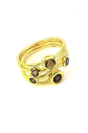 Dumanlı kuvars taşlı gümüş altın kaplama el isi yüzük 