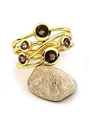 Dumanlı kuvars taşlı gümüş altın kaplama el isi yüzük 