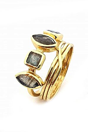 Rutil kuvars taşlı gümüş üzerine altın kaplama el isi yüzük