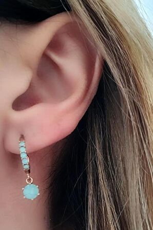 Su yeşili swarovski taşlı gümüş rose yarım halka küpe 1.5 cm 