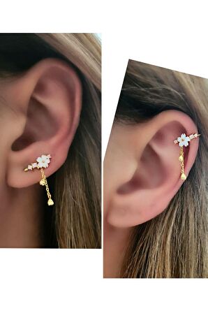 Hem earcuff hemde sıkıştırmalı kıkırdak küpesi el isi manolya gümüş altın kaplama  tek küpe