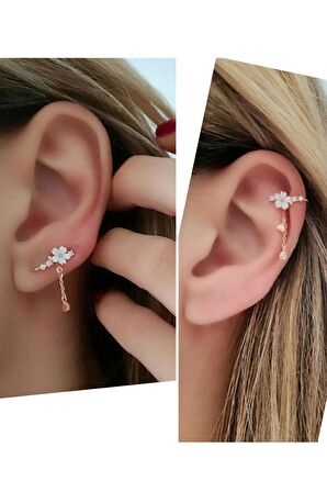 Hem earcuff hemde sıkıştırmalı kıkırdak küpesi el isi manolya gümüş rose tek küpe