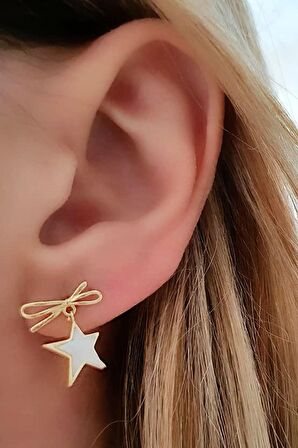 İtalyan tasarımı sedef taşlı gümüş üzerine altın kaplama yıldız küpe