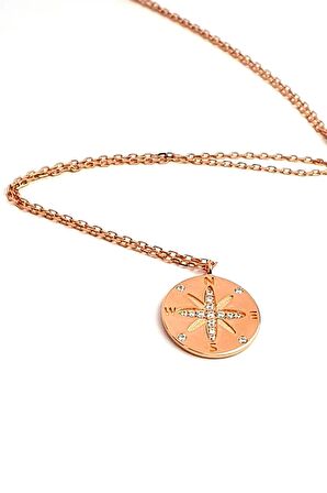 Zirkon taş detaylı gümüş rose altın kaplama italyan tasarımı pusula kolye