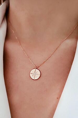 Zirkon taş detaylı gümüş rose altın kaplama italyan tasarımı pusula kolye