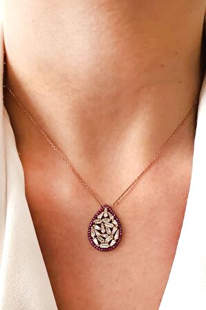 Baget kesim zirkon taşlı gümüş rose damla kolye