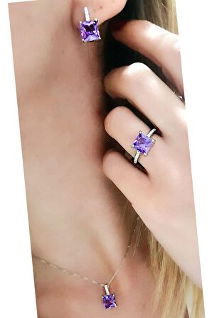 Sky Diamond taş detaylı aleksandrayt taşlı gümüş lüks takı seti
