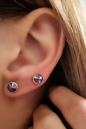 Bordo swarovski taşlı gümüş rose tek taş küpe