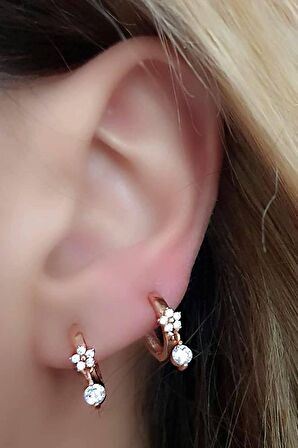 Cicek figürlü zirkon taş detaylı gümüş sallantili halka küpe 1cm 