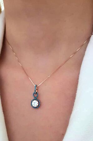 Turkuaz taş detaylı gümüş rose lüks kolye