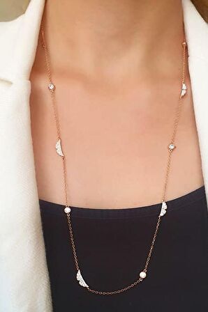 Melek kanadı figürlü zirkon taş detaylı italyan tasarımı rose gümüş uzun zincir kolye