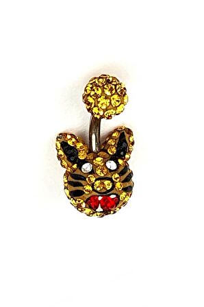 Kedi figürlü swarovski taşlı 316L anti alerjik cerrahi celik göbek piercing 