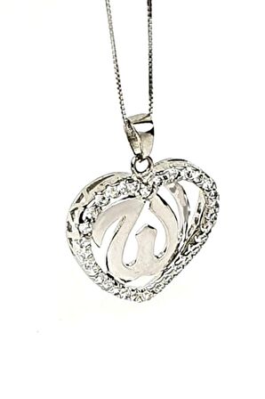 Allah yazılı pırlanta ışıltısında zirkon taşlı gümüş kolye