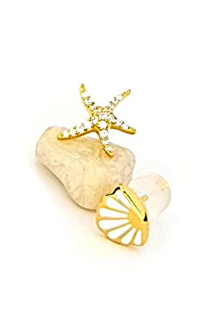 Deniz yıldızı ve deniz kabuğu figürlü gümüş altın kaplama minimal küpe