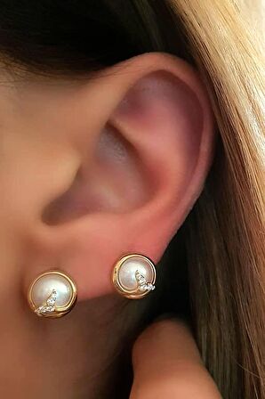 Gümüş üzerine altın kaplama lüks inci küpe