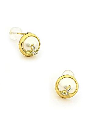 Gümüş üzerine altın kaplama lüks inci küpe