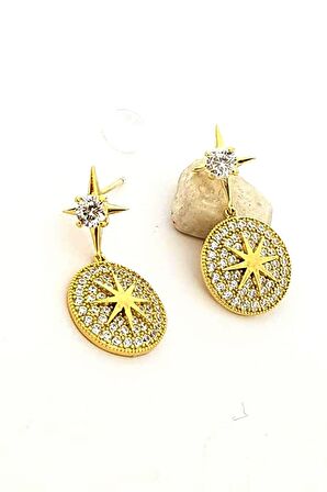 Kutup yıldızı figürlü pırlanta ışıltısında zirkon taşlı gümüş altın kaplama küpe 