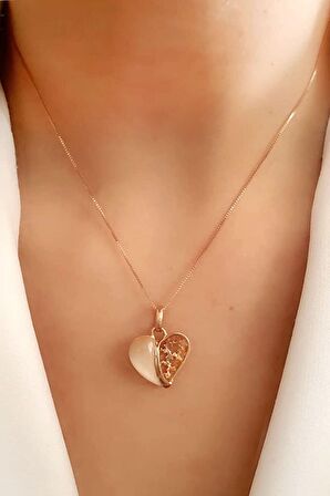 Kedi gözü taşlı çift taraflı kullanılabilir gümüş rose kolye