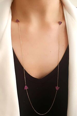 Pembe zirkon taşlı gümüş rose uzun zincir kolye