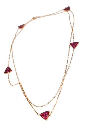 Pembe zirkon taşlı gümüş rose uzun zincir kolye