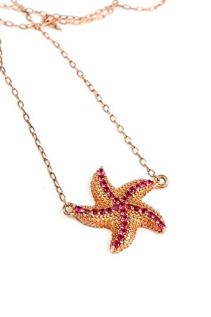 Pembe zirkon taşlı deniz yıldızı figürlü gümüş rose kolye