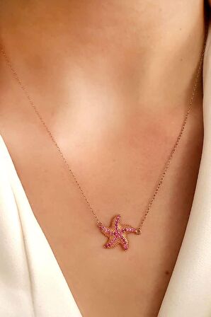 Pembe zirkon taşlı deniz yıldızı figürlü gümüş rose kolye