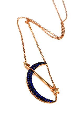 Modern lacivert zirkon taşlı gümüş rose ay yıldız kolye