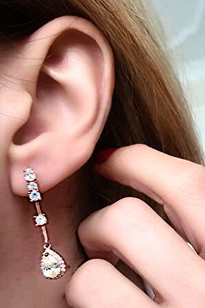 Sitrin taşlı pırlanta ışıltısında zirkon taş detaylı gümüş rose lüks küpe 