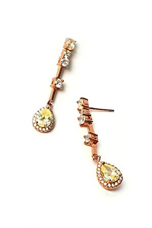 Sitrin taşlı pırlanta ışıltısında zirkon taş detaylı gümüş rose lüks küpe 