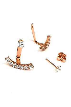 Zirkon taşlı gümüş rose cift earcuff kupe 