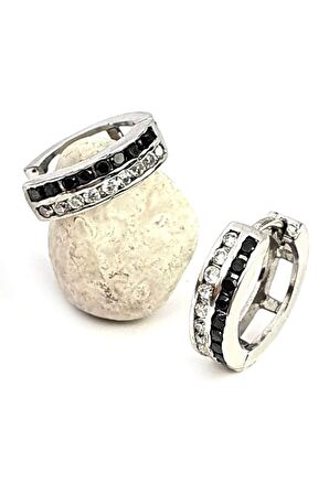 Oniks ve zirkon taş detaylı gümüş halka küpe 1cm