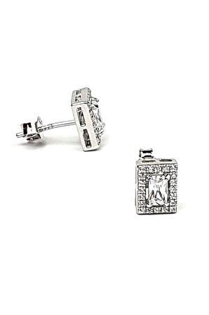 Pırlanta ışıltısında zirkon taşlı gümüş dikdörtgen tek taş küpe 