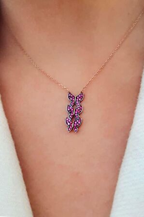 Pembe zirkon taşlı gümüş rose kolye
