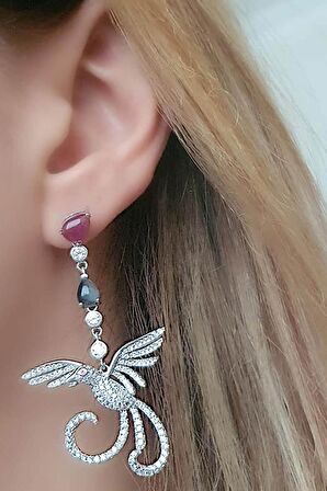 Pırlanta ışıltısında zirkon taşlı gümüş anka kuşu lüks küpe