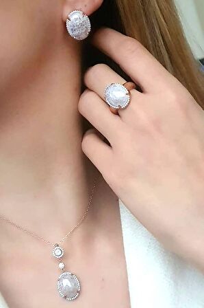 Kristal kuvars taşlı gümüş rose lüks set takım