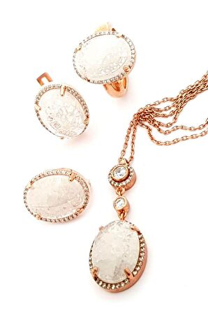 Kristal kuvars taşlı gümüş rose lüks set takım