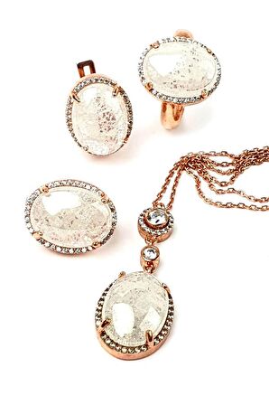 Kristal kuvars taşlı gümüş rose lüks set takım