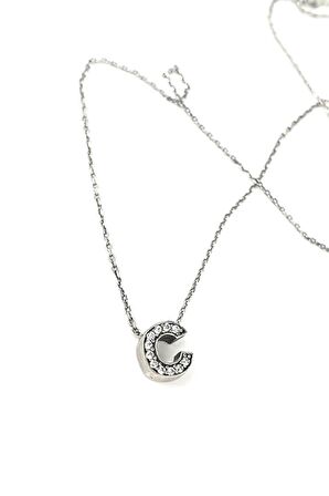 Zirkon taş detaylı gümüş minimal c harfi kolye