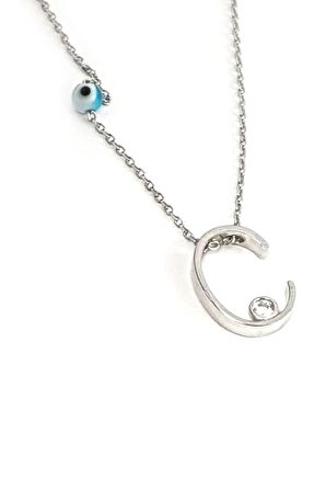 Nazar boncuklu ve zirkon taş detaylı gümüş C harfi kolye 