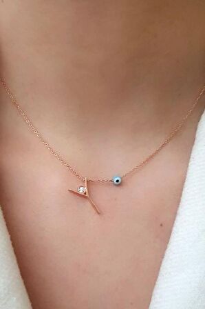 Nazar boncuklu ve zirkon taş detaylı gümüş rose y harfi  kolye
