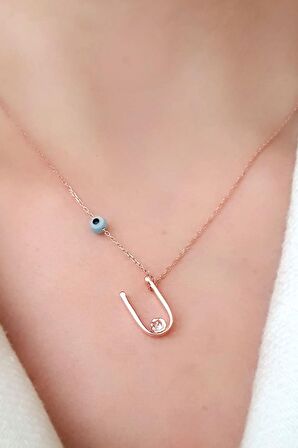 Nazar boncuklu ve zirkon taş detaylı gümüş rose ü harfi  kolye