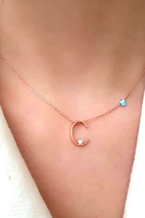 Nazar boncuklu ve zirkon taş detaylı gümüş rose c harfi  kolye