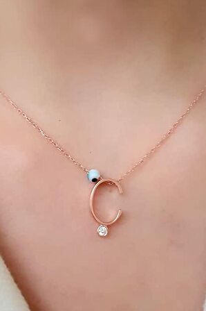 Nazar boncuklu ve zirkon taş detaylı gümüş rose Ç harfi  kolye