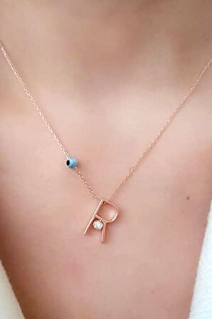 Nazar boncuklu ve zirkon taş detaylı gümüş rose R harfi  kolye 