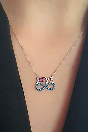 Love yazılı nanoteknoloji turkuaz taşlı sonsuzluk figürlü gümüş kolye