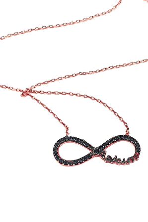 Oniks taşlı aşkım yazılı gümüş rose sonsuzluk kolye