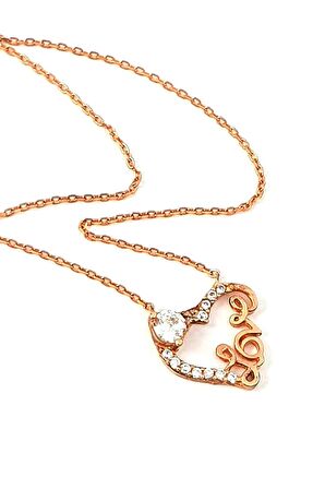 Love yazılı tek taş detaylı gümüş rose aşk kolyesi 