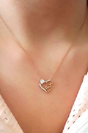 Love yazılı tek taş detaylı gümüş rose aşk kolyesi 