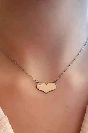 Swarovski taş detaylı gümüş rose kalp kolye