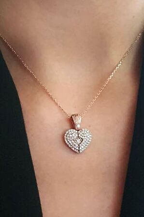 Zirkon taşlı kalp figürlü gümüş rose kolye